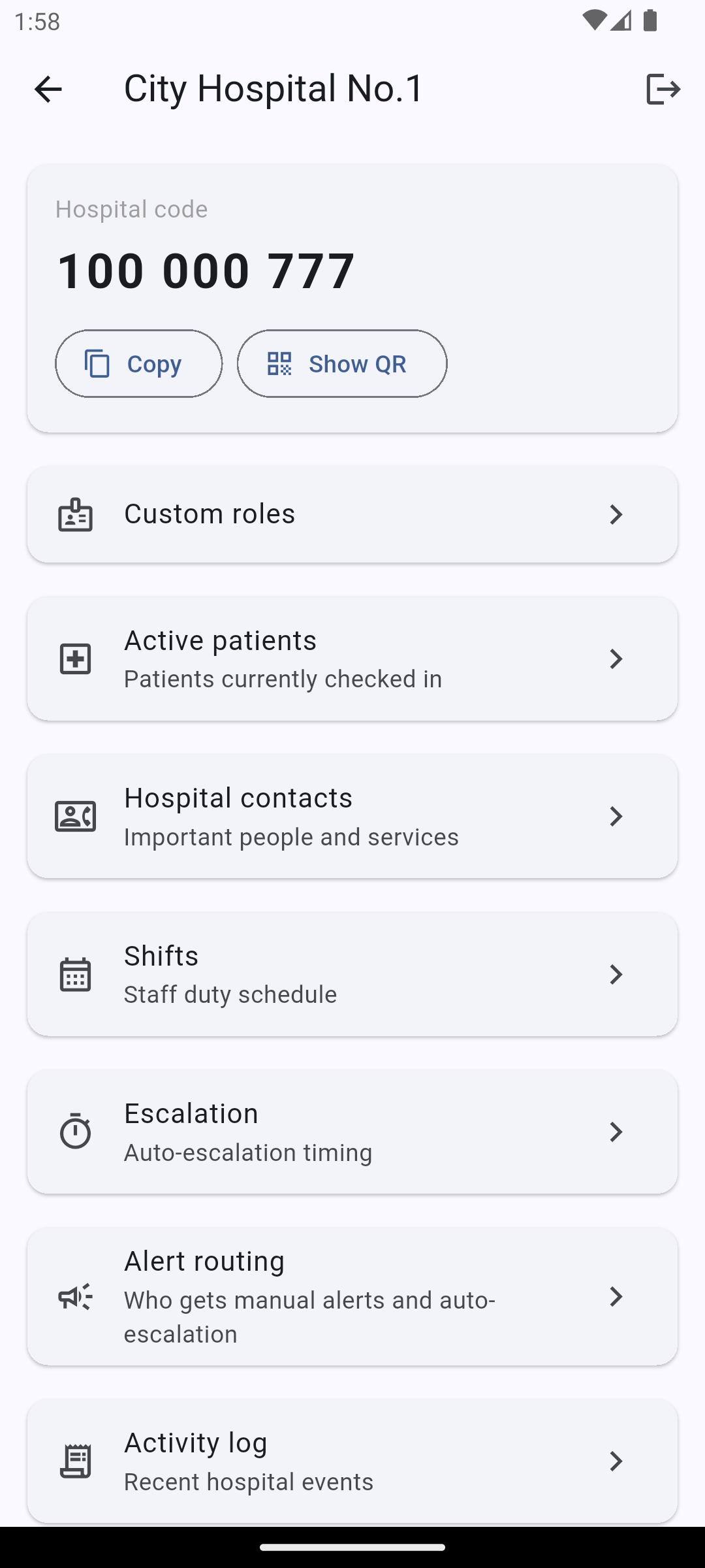 Hospital administrator panel