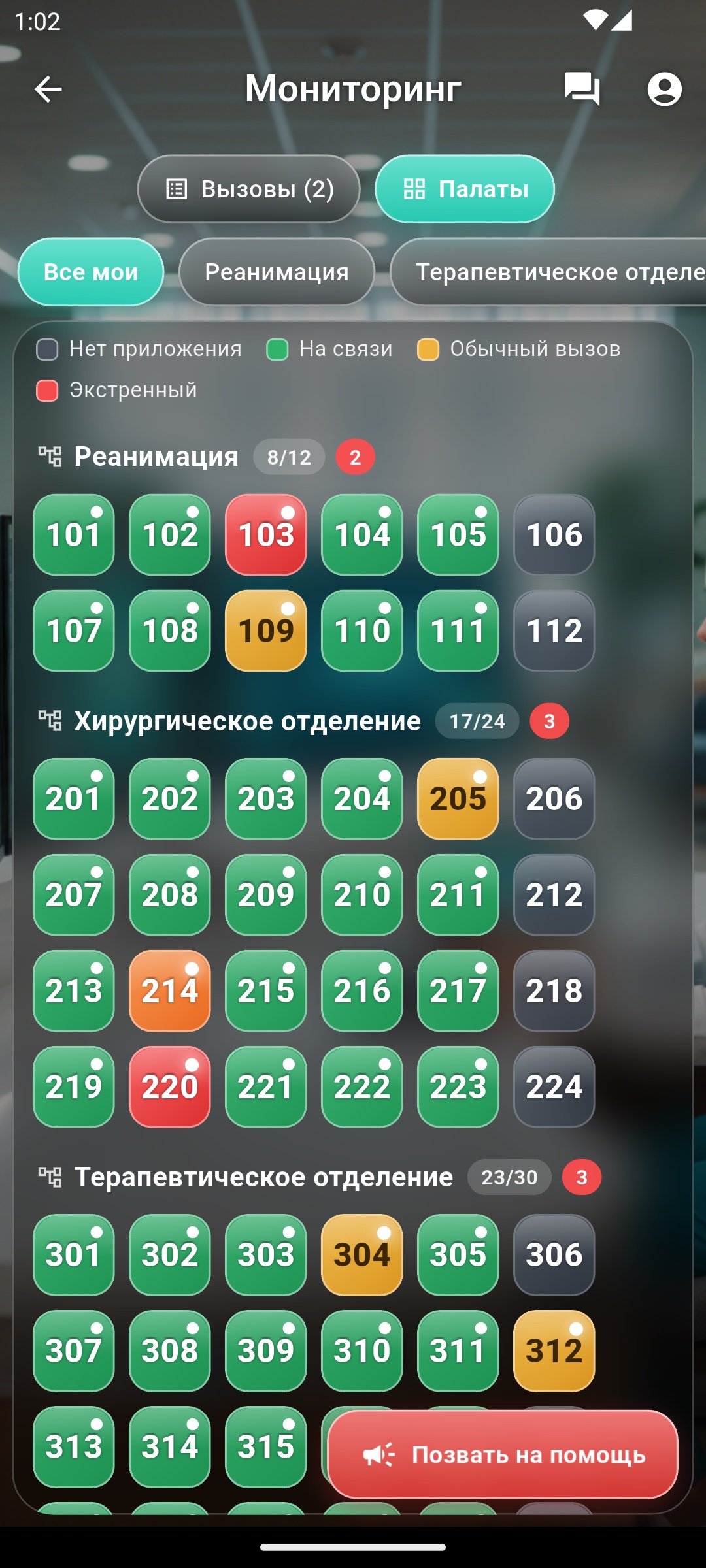 Пост медсестры — сетка палат цветом статуса