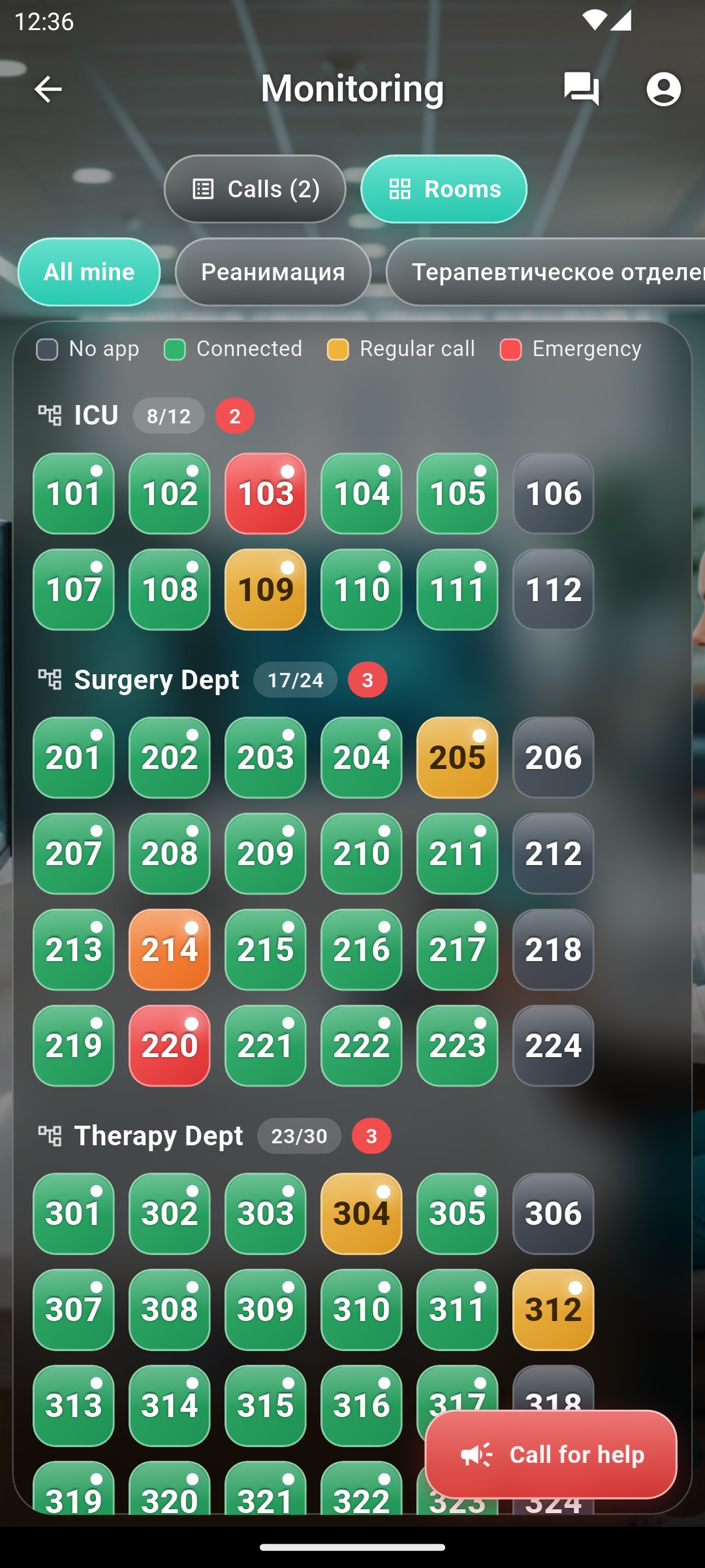 Nurse station — rooms colour-coded by status