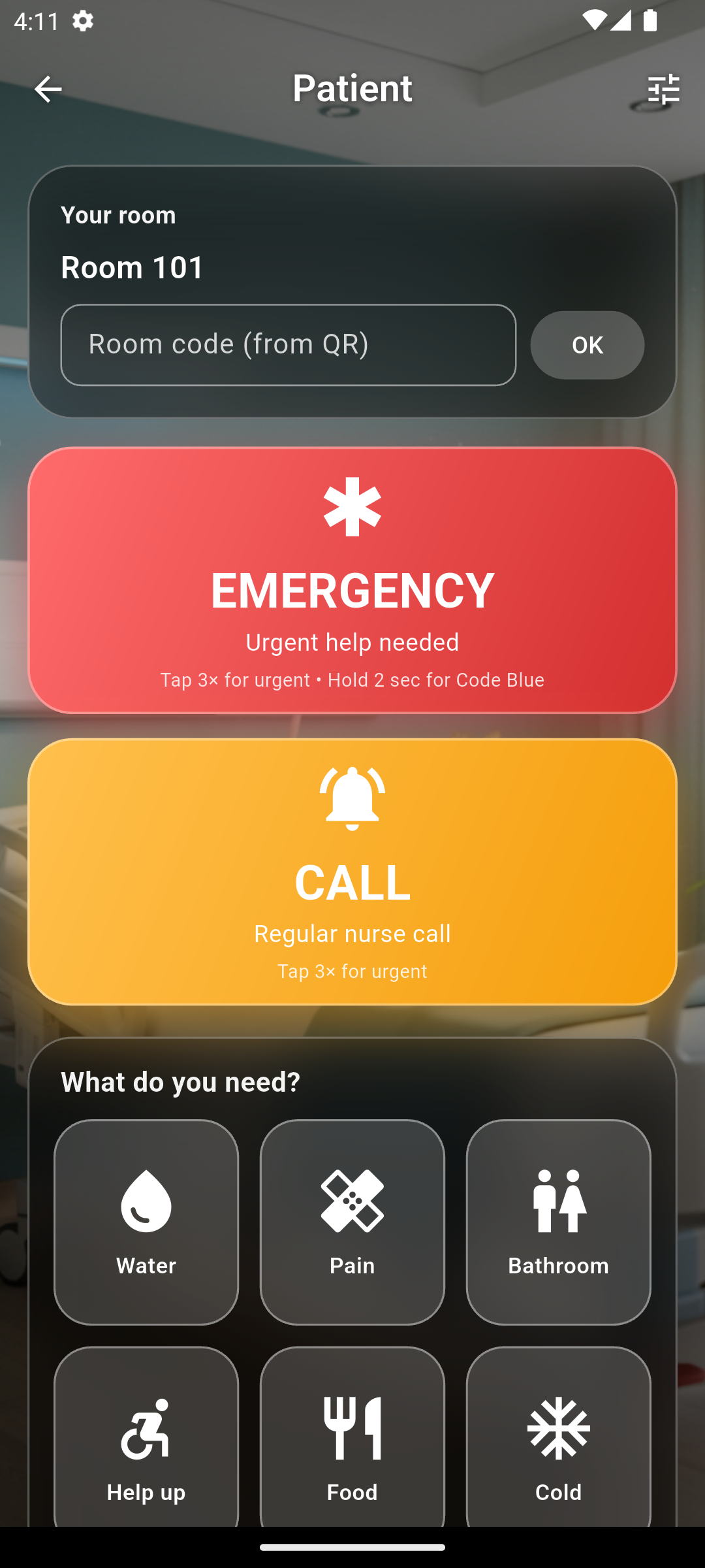 Patient screen — call the nurse