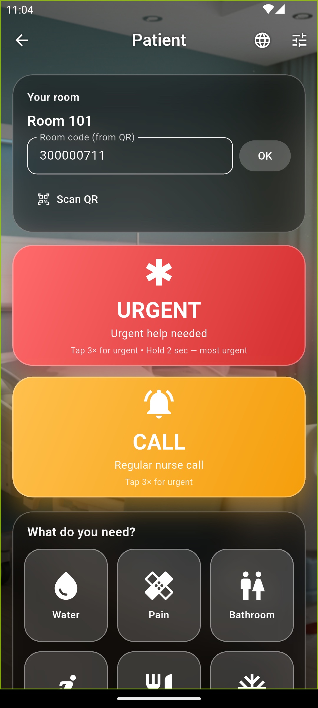 Patient screen — nurse call buttons